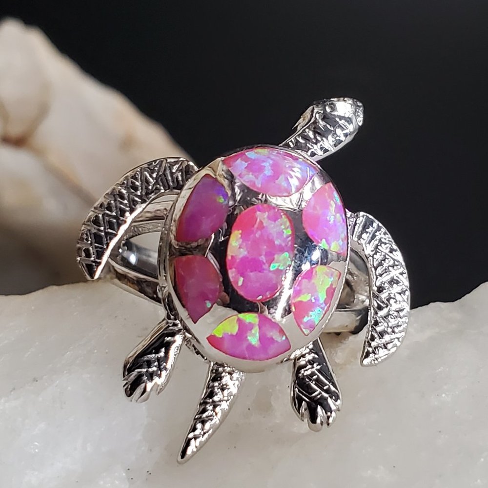 Solid Sterling Silver 925 Ring Opal Stone Turtle Animal Unique Jewelry